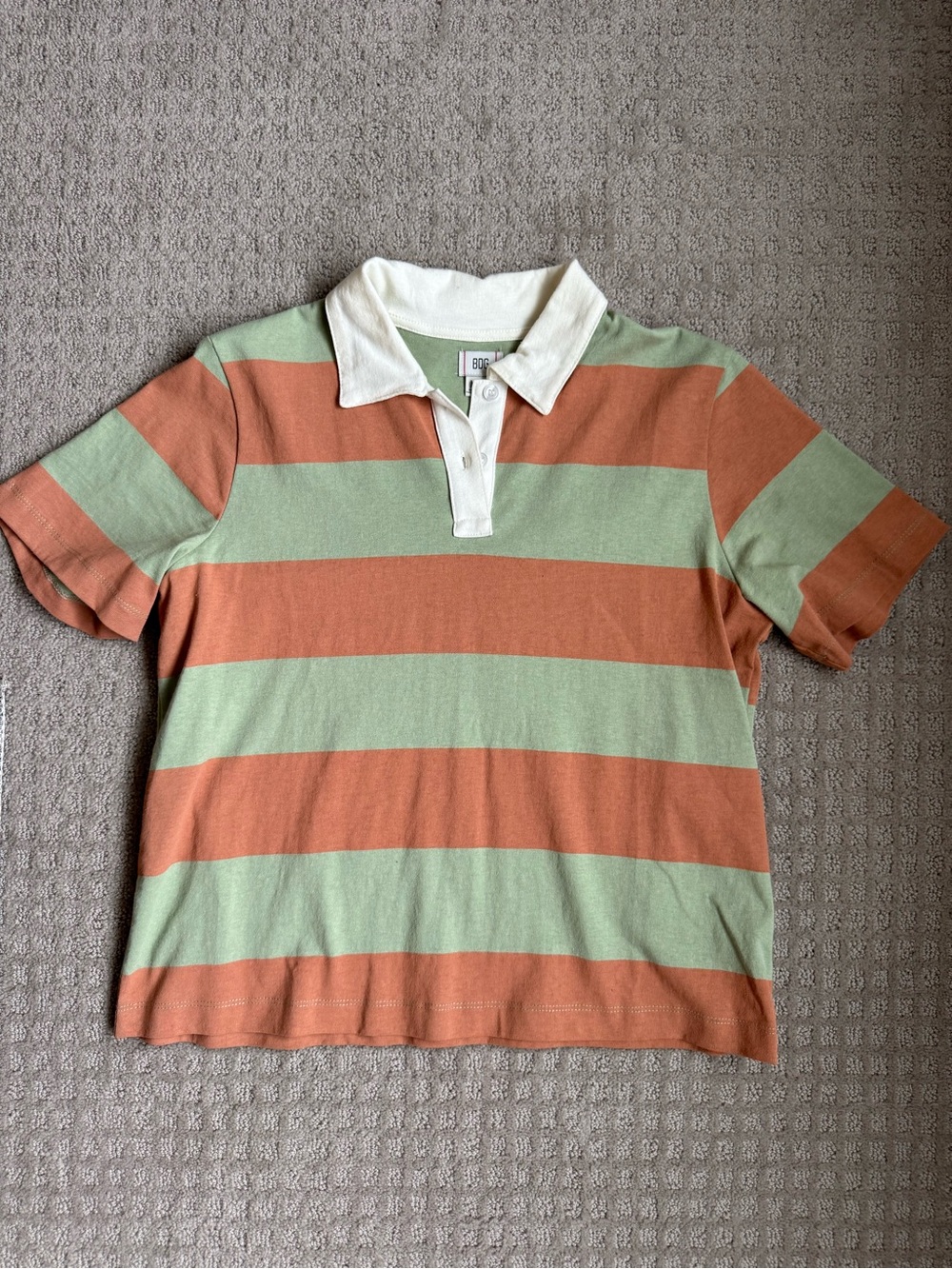 BDG Striped Polo in Sage Green, Rust & White